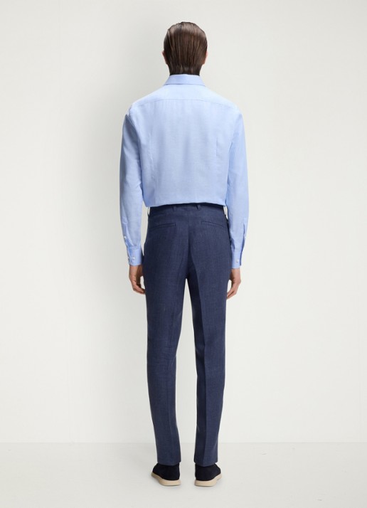 BOSS Slim fit pantalon in linnenblend met persplooi en steekzakken - achterkant 4 open blue-466 / blauw
