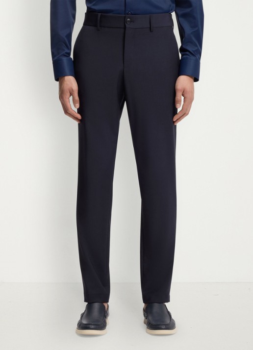 BOSS Slim fit pantalon in wolblend - detail 4 donkerblauw