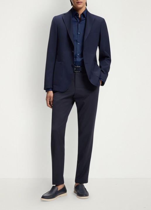 BOSS Slim fit pantalon in wolblend - voorkant 2 donkerblauw