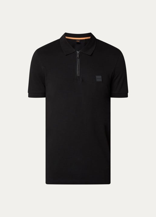 BOSS Slim-fit polo van stretchkatoen met logopatch - voorkant black-001 / zwart