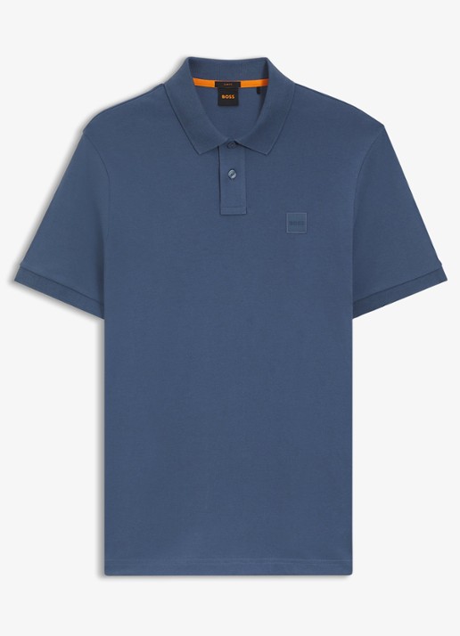 BOSS Slim-fit polo van stretchkatoen met logopatch - voorkant blauw