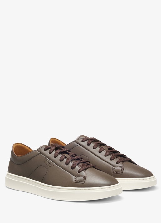 BOSS Sneaker van leer met logo  - voorkant 3 donkerbruin