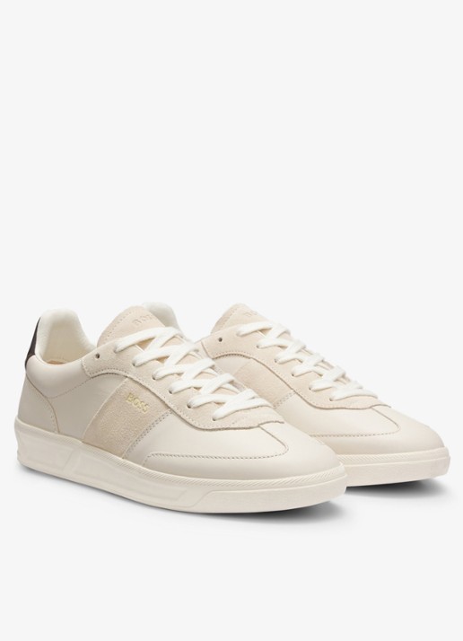 BOSS Sneaker van leer met logo - voorkant 4 gebroken wit