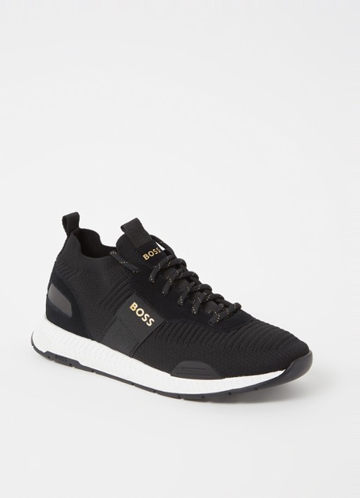 BOSS Sneakers van verschillende materialen met gebreide bovenzijde en suède details - voorkant 5 black-007 / zwart