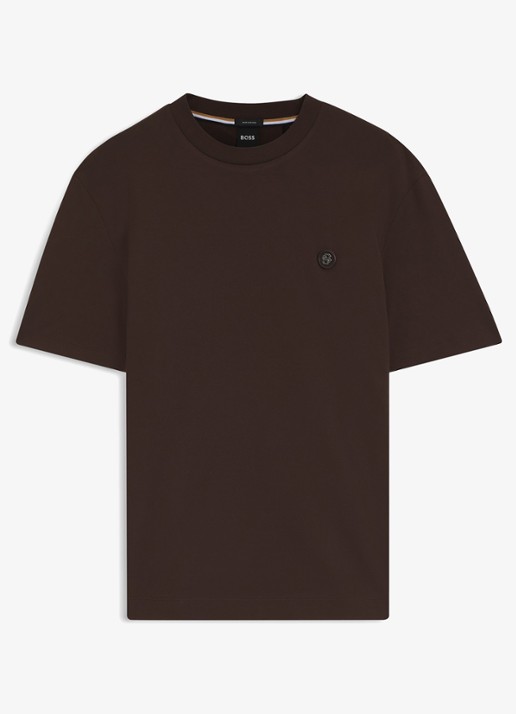 BOSS T-shirt van gemerceriseerde katoen met Double B-monogram - voorkant 2 dark brown-209 / bruin