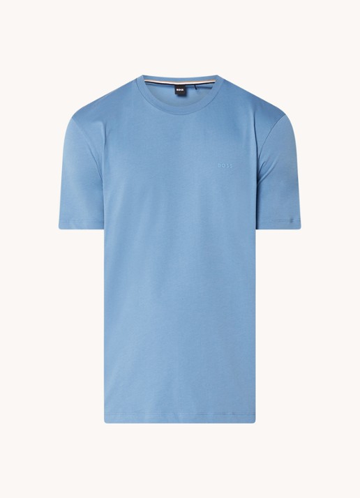 BOSS T-shirt van katoenen jersey met logodetail - voorkant staalblauw