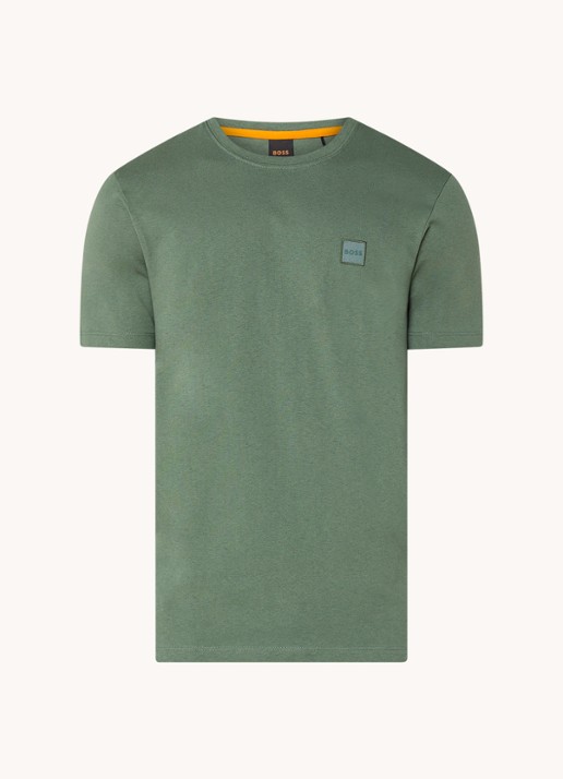 BOSS T-shirt van katoenen jersey met logopatch - voorkant olijfgroen