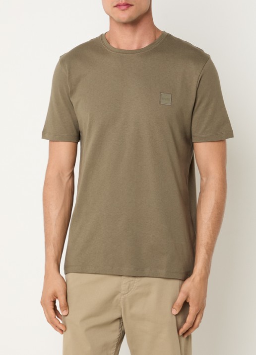 BOSS T-shirt van katoenen jersey met logopatch - detail legergroen