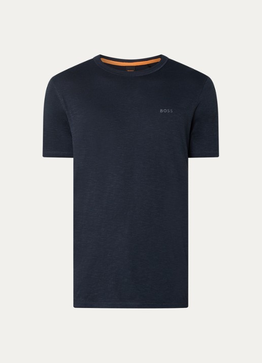 BOSS T-shirt van slubkatoen met logodetail - voorkant 3 donkerblauw