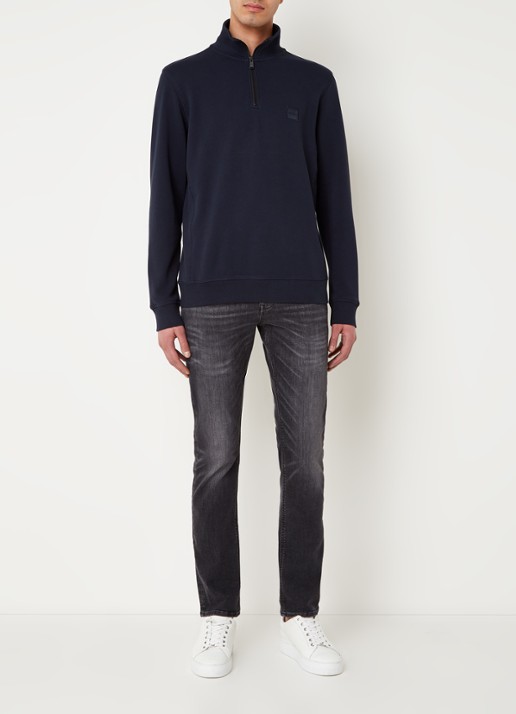 BOSS Zetrust sweater met logo en halve rits  - voorkant 2 dark blue-404 / blauw