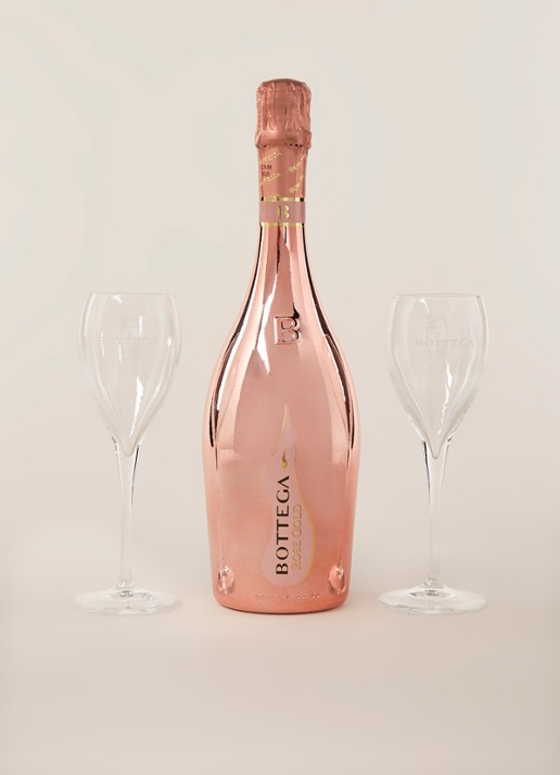 Bottega Rosé Gold Prosecco mousserende rosé wijn met champagneglazen in geschenkverpakking 750 ml - voorkant 3 roségoud
