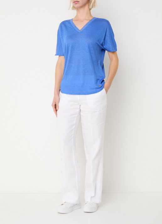 BRAX Caelen T-shirt van linnen met V-hals  - voorkant 4 blauw