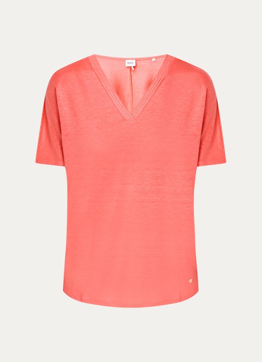 BRAX Caelen T-shirt van linnen met V-hals  - voorkant koraal