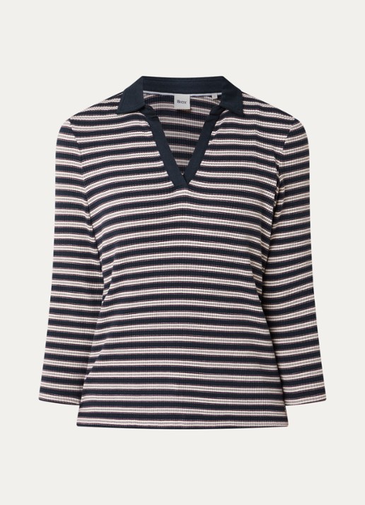 BRAX Cleo ribgebreide trui met streepprint en kraag - voorkant 2 donkerblauw