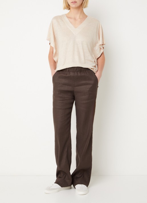 BRAX High waist loose fit broek in linnenblend met steekzakken - voorkant 4 donkerbruin