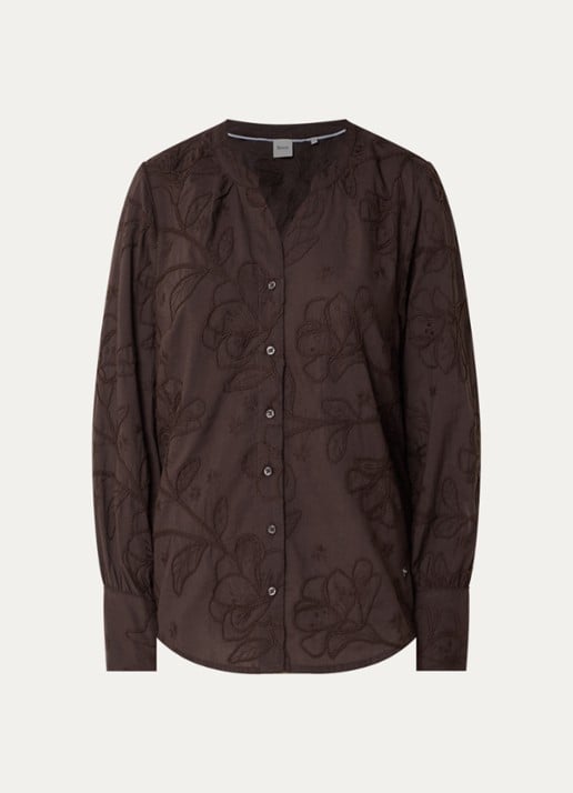 BRAX Velia blouse met bloemborduring - voorkant 2 donkerbruin