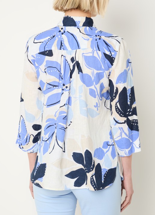 BRAX Vicki blouse van linnen met bloemenprint  - achterkant 3 middenblauw