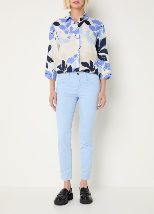BRAX Vicki blouse van linnen met bloemenprint  - voorkant 5 middenblauw