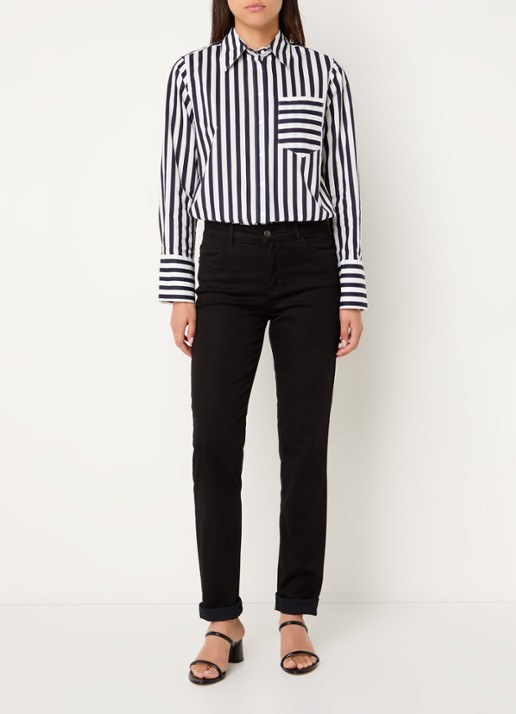 BRAX Viki blouse met streepprint en borstzak - voorkant 3 donkerblauw