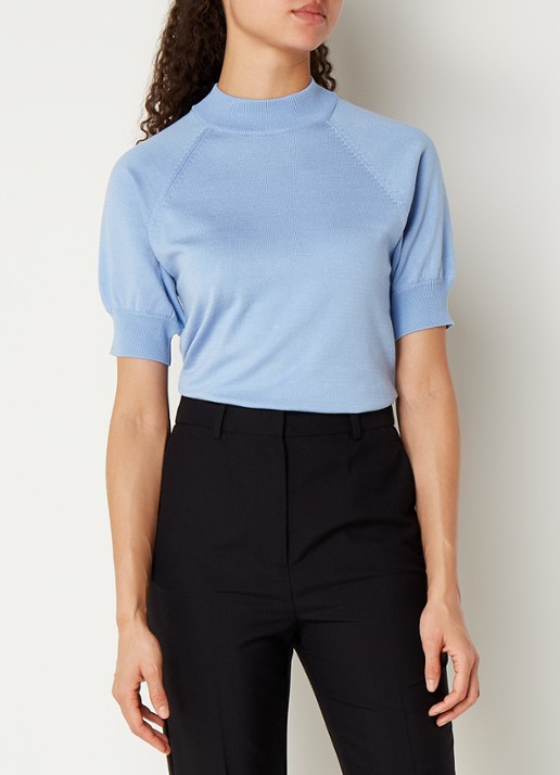 Bruuns Bazaar Anemone Halias fijngebreide top met pofmouw - detail blauw