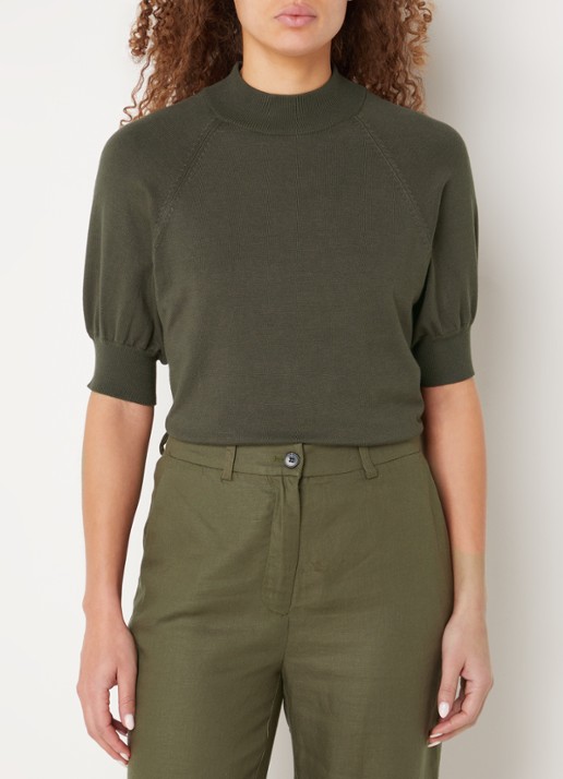 Bruuns Bazaar Anemone Halias fijngebreide top met pofmouw - detail bronsgroen
