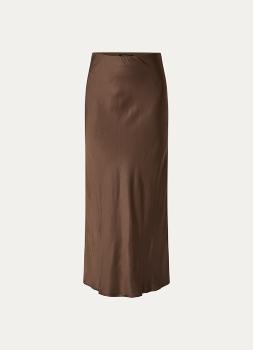 Bruuns Bazaar High waist maxi rok van satijn - voorkant 2 donkerbruin