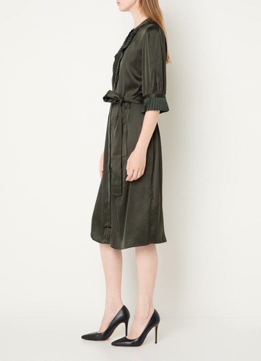 Bruuns Bazaar Midi blousejurk met strikceintuur - voorkant 2 donkergroen