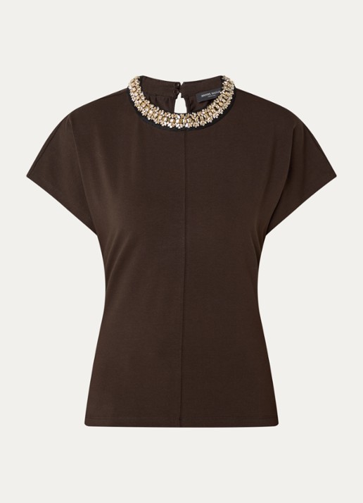 Bruuns Bazaar Verena T-shirt met kralendecoratie - voorkant donkerbruin