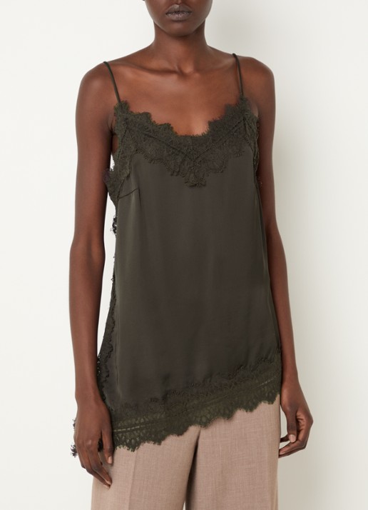 Bruuns Bazaar WeckiaBBCamila spaghetti top met details van kant - detail donkerbruin