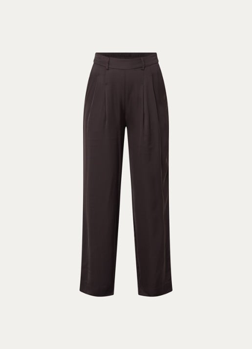 Bruuns Bazaar Zalli high waist straight fit pantalon van satijn met steekzakken - voorkant 3 donkerbruin