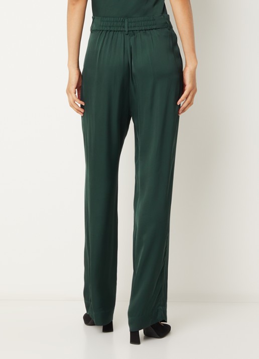 Bruuns Bazaar Zalli high waist straight fit pantalon van satijn met steekzakken - achterkant 2 donkergroen