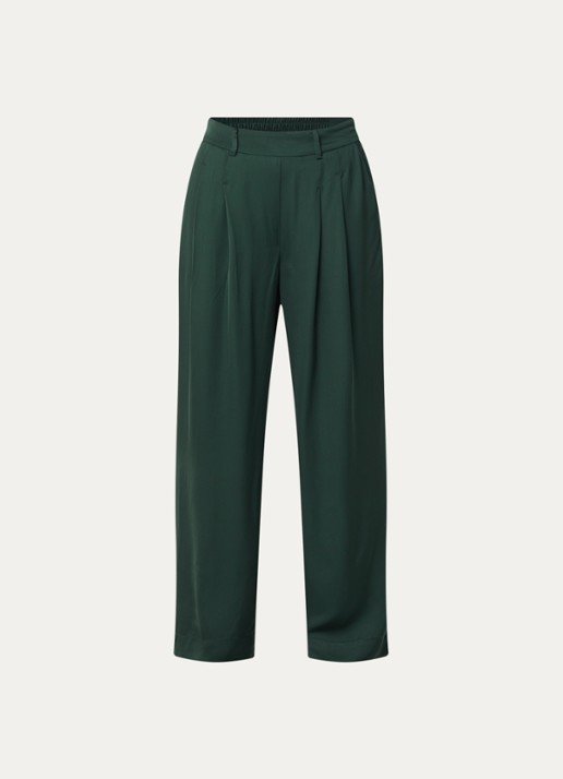Bruuns Bazaar Zalli high waist straight fit pantalon van satijn met steekzakken - voorkant 3 donkergroen