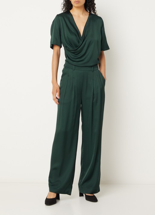 Bruuns Bazaar Zalli high waist straight fit pantalon van satijn met steekzakken - voorkant 4 donkergroen