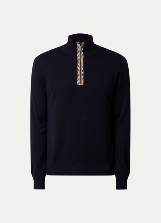 Burberry Cameron fijngebreide trui in wolblend met halve rits - voorkant donkerblauw