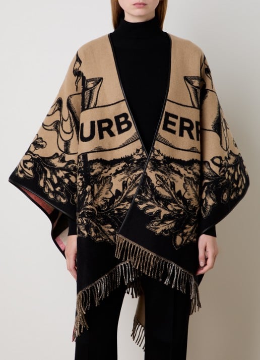 Burberry Cape van wol met logoprint en franjes - detail 4 beige
