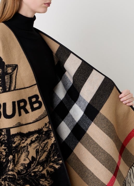 Burberry Cape van wol met logoprint en franjes - detail 5 beige