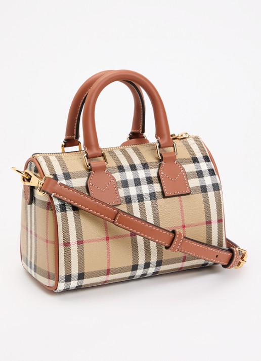 Burberry Check Mini Bowling handtas met kalfsleren details - achterkant 8 cognac
