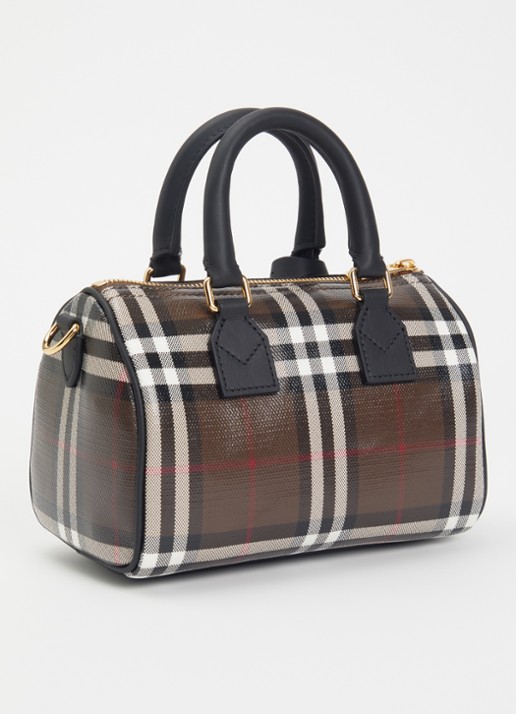 Burberry Check Mini Bowling handtas met kalfsleren details - achterkant bruin
