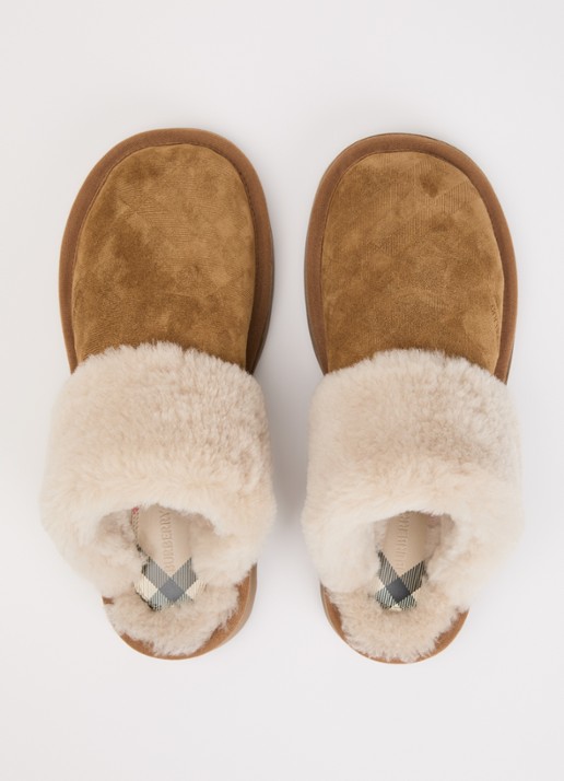 Burberry Check Shearling pantoffel van suède - detail 4 beige