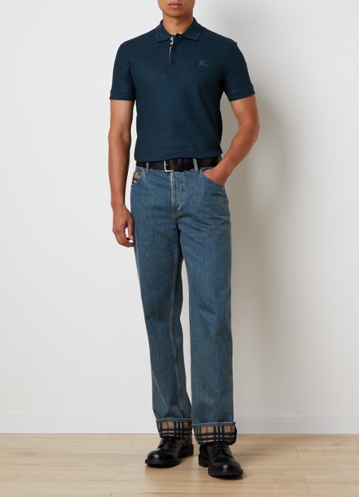 Burberry Eddie slim fit polo van piqué katoen met logoborduring - voorkant 5 petrol
