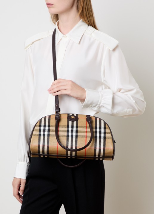 Burberry Highlands handtas met kalfsleren details en ruitdessin  - voorkant 2 zand