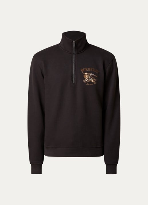 Burberry Jacob sweater met halve rits en logoborduring - voorkant 3 chocoladebruin