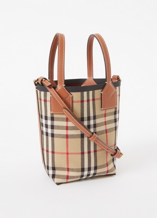 Burberry London Mini shopper met ruitdessin en kalfsleren details - achterkant beige