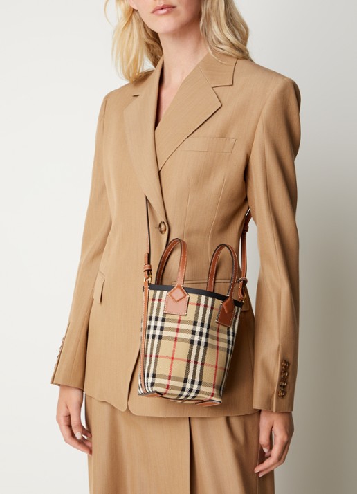 Burberry London Mini shopper met ruitdessin en kalfsleren details - voorkant 3 beige