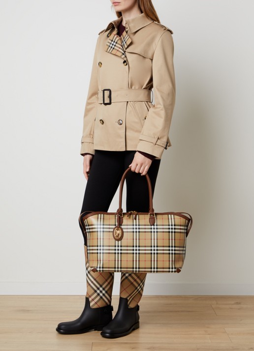 Burberry Medium Check Zip shopper met kalfsleren details - voorkant 2 beige