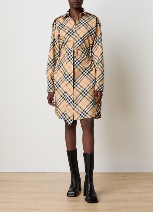 Burberry Mini blousejurk met ruitdessin en strikceintuur - voorkant 4 camel