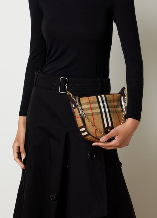 Burberry Mini Highlands schoudertas met ruitdessin en details van kalfsleer - voorkant 3 zand