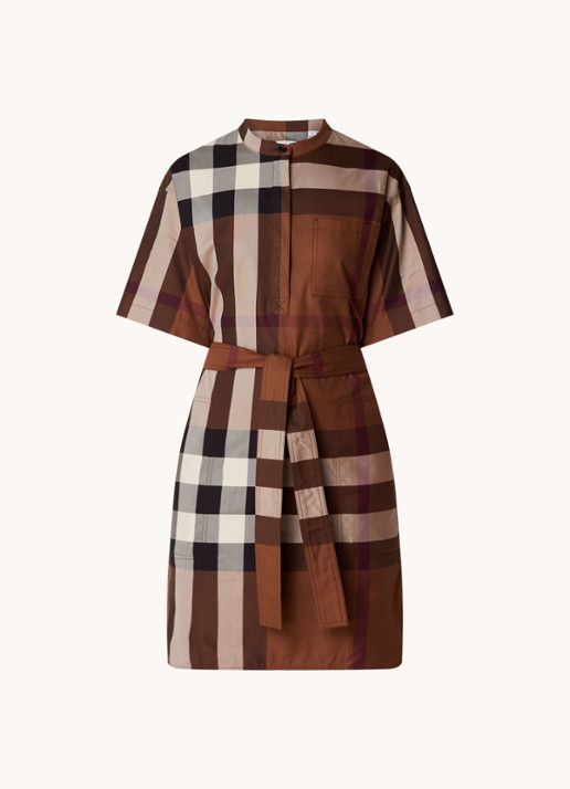 Burberry Mini tuniekjurk met ruitdessin en strikceintuur - voorkant 4 cognac