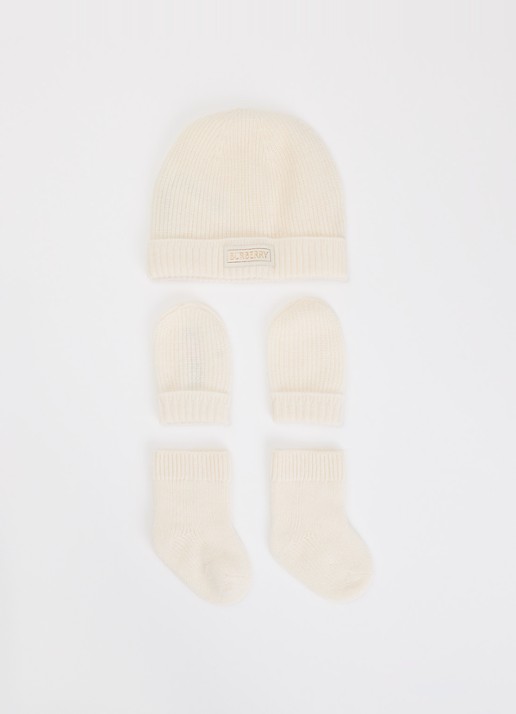 Burberry N7 set van muts met handschoenen en sokken van kasjmier - voorkant ivoor