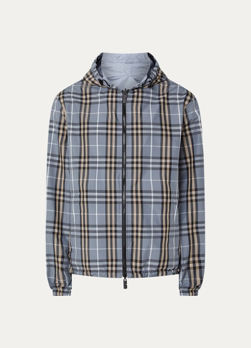 Burberry Newport reversible jack met ritszakken en capuchon - voorkant staalblauw